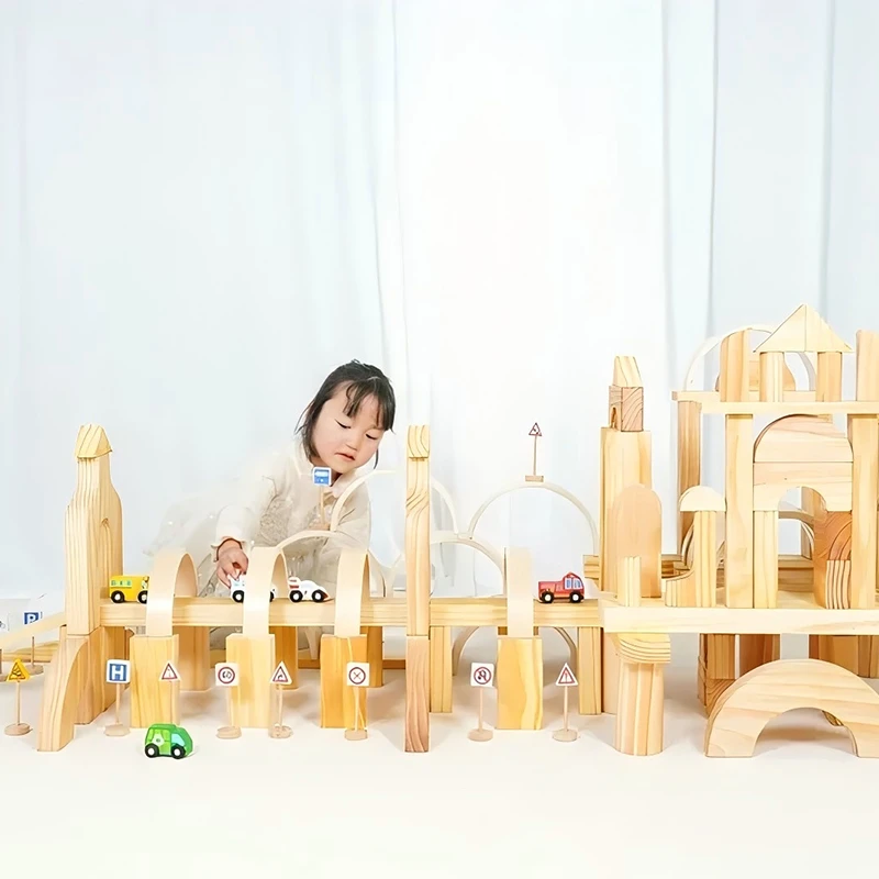136pcs Transportation Town Playset - Premium multi-wood construction with 28 specialized shapes
