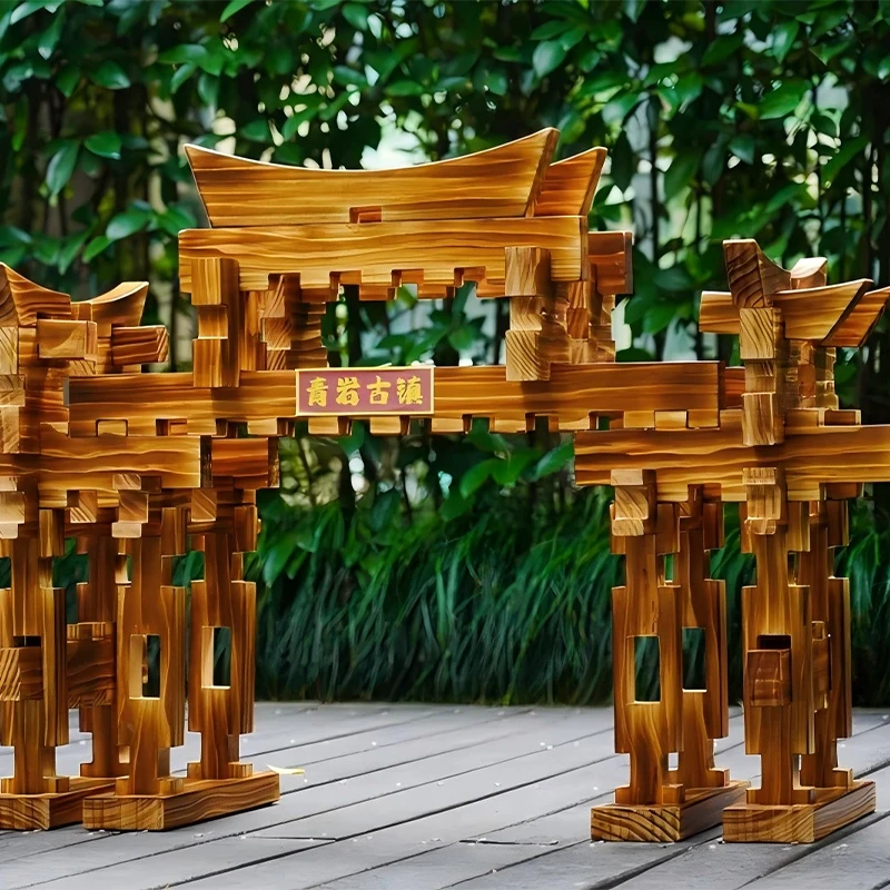 227pcs Large-Scale Charred Wood Mortise & Tenon Blocks - Traditional Chinese Style with premium New Zealand pine