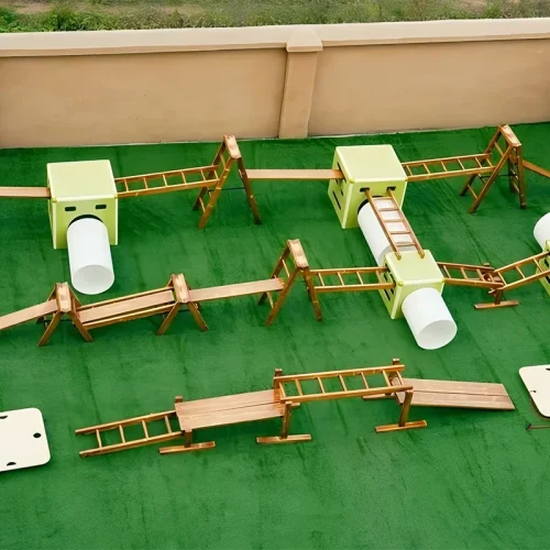 41-Piece Charred Wood Sports Combo (Avocado Storage Bin)-1 Children's obstacle course equipment 41pcs set with avocado storage bin for schools