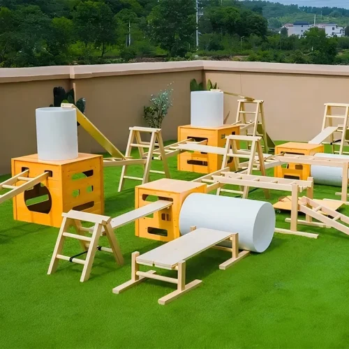 41-Piece Sports Combo Pack (Amber Storage Bin)-1 Outdoor Anji Playequipment 41pcs honey colored sports set with storage bin