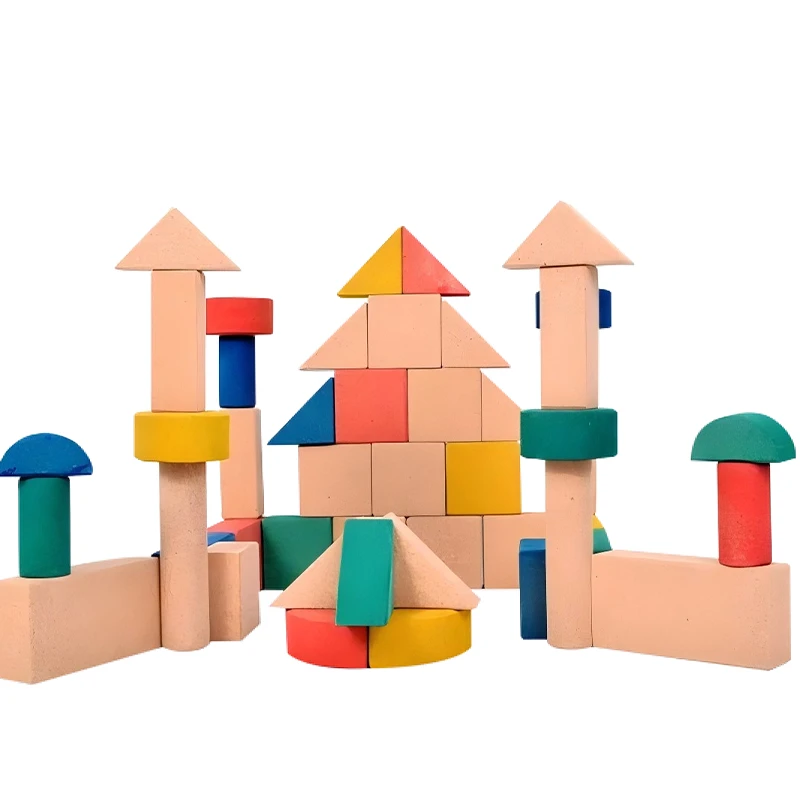 48pcs Mini Cork Building Blocks - Storage Box - Natural cork blocks with pine wood storage box featuring nine shapes in five vibrant colors