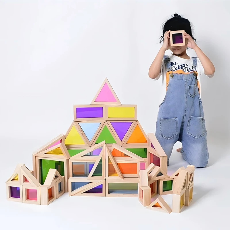 56pcs Acrylic Light Explorer Blocks - Premium beech wood frames with colorful transparent acrylic panels