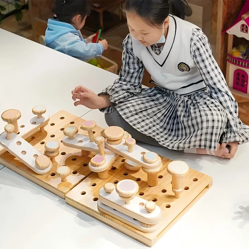 60pcs Mushroom Peg Sensory Toys - Premium pine wood mushroom pegs with base plates for pattern making and sensory exploration