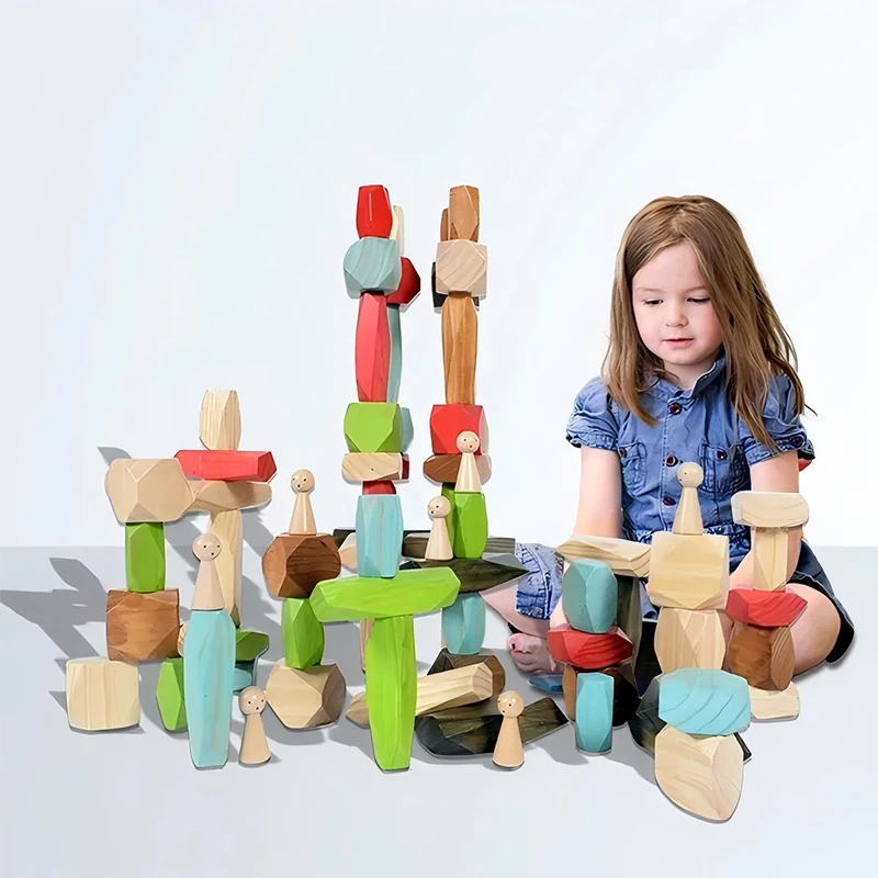 75pcs Colored Stone Stacking Set - Premium pine wood stacking stones with five geometric shapes in six natural colors