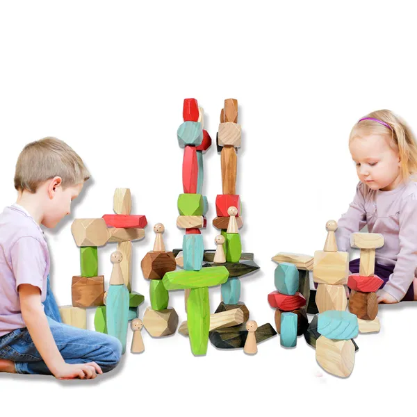 Colored stacking stones showing five geometric shapes and natural colors