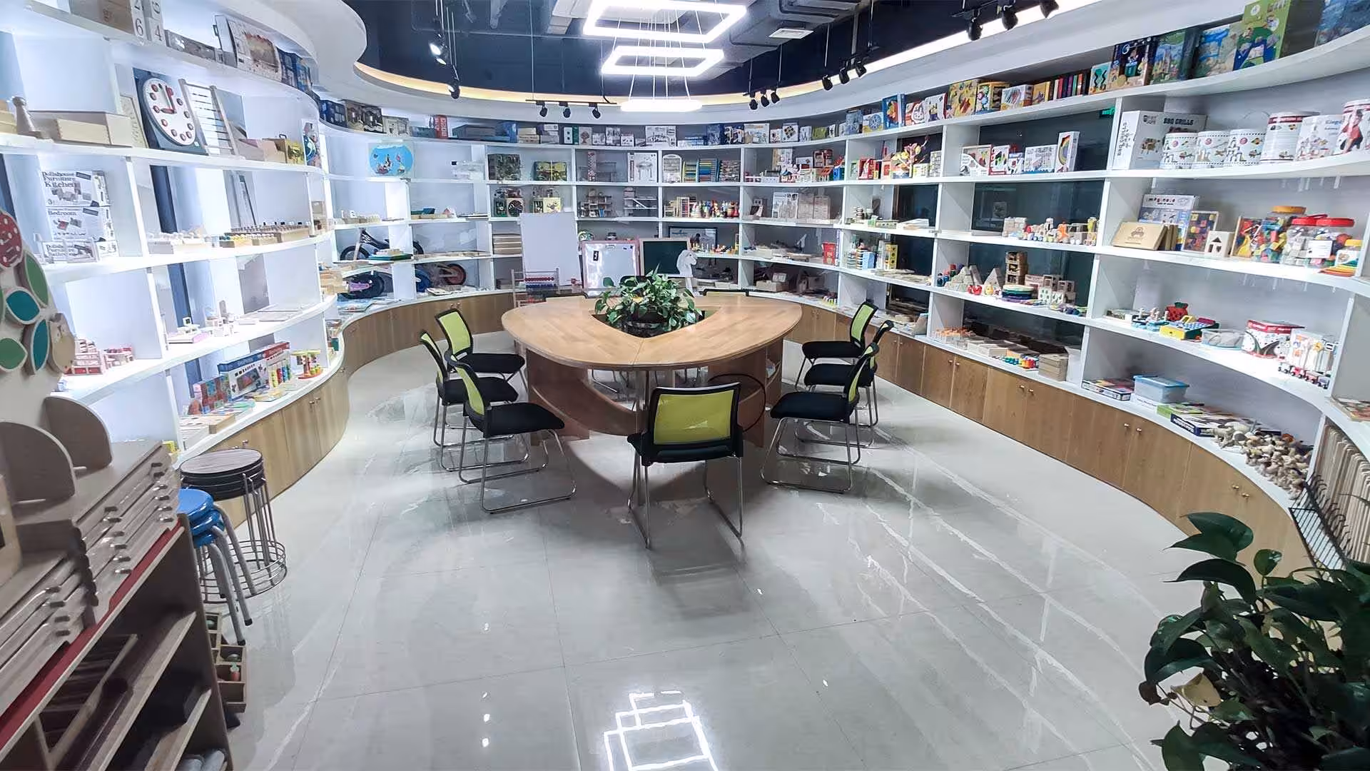 Product sample room displaying various wooden educational toys for preschool and kindergarten learning activities