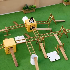 Wooden outdoor obstacle course for kids 40pcs climbing frame set