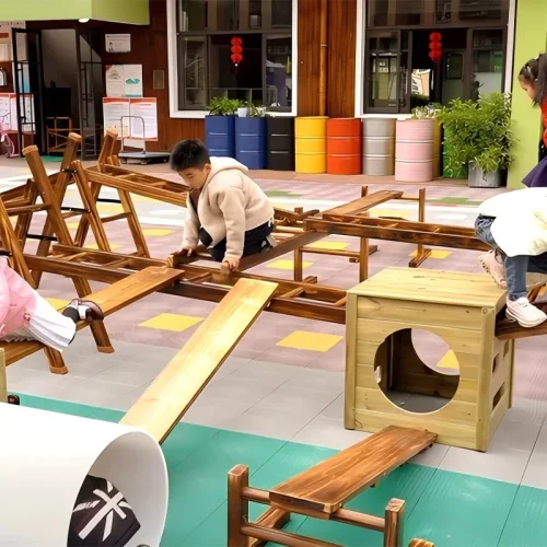 Wooden outdoor playground equipment set 40pcs durable obstacle course for kids