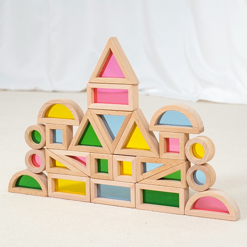24 pieces of beech wood acrylic building blocks - Premium beech wood frames with transparent acrylic panels