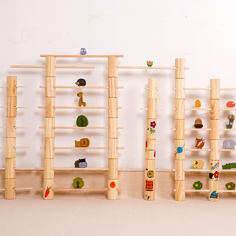 Forest Jenga blocks stacked and arranged showing versatile play options