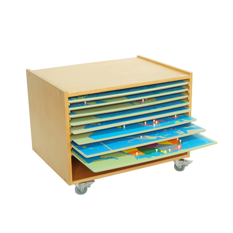 Montessori Cabinet for 8 Puzzle Maps - Educational storage solution with wheels