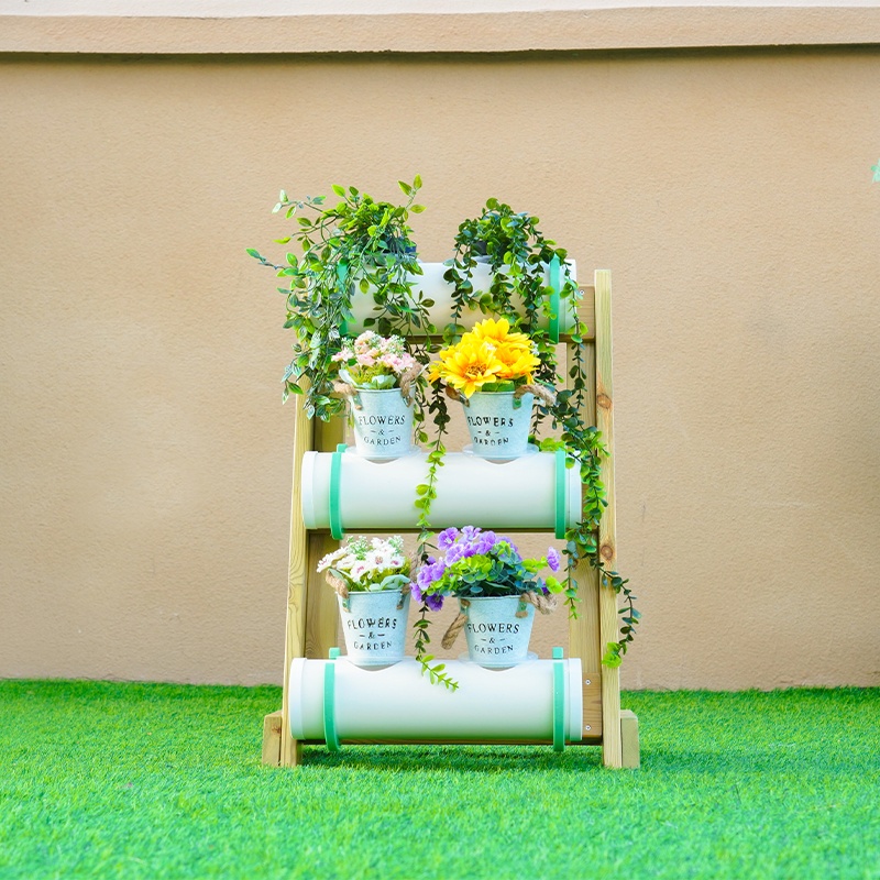 Pipe-based three dimensional planting rack - Vertical antiseptic wood educational gardening system with pipe framework