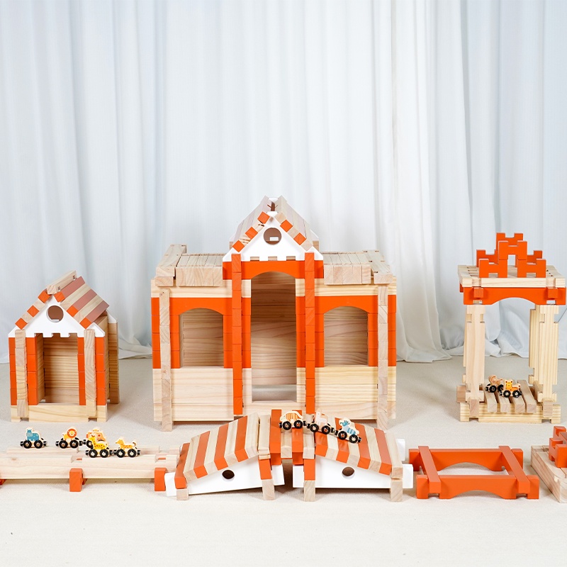 Skillful Builder Blocks - Premium pine wood construction blocks with 9 shapes and 11 auxiliary materials