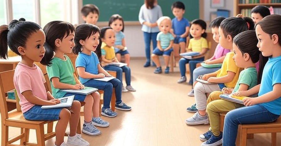 Circle time area setup in pre k classroom layout with wooden chairs and teaching materials