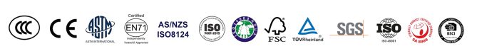 Sing2Sky Company Certifications including ISO 9001, CE, FSC, CPSIA, and ASTM standards