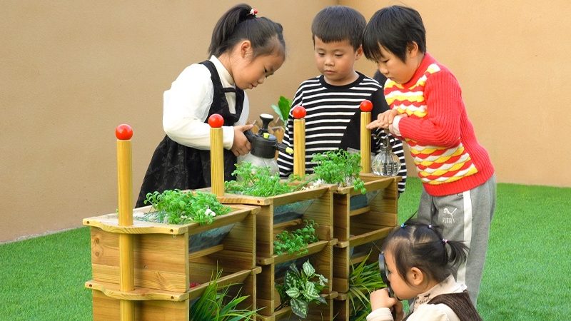 Nature-based pre k classroom layout with wooden furniture and natural materials