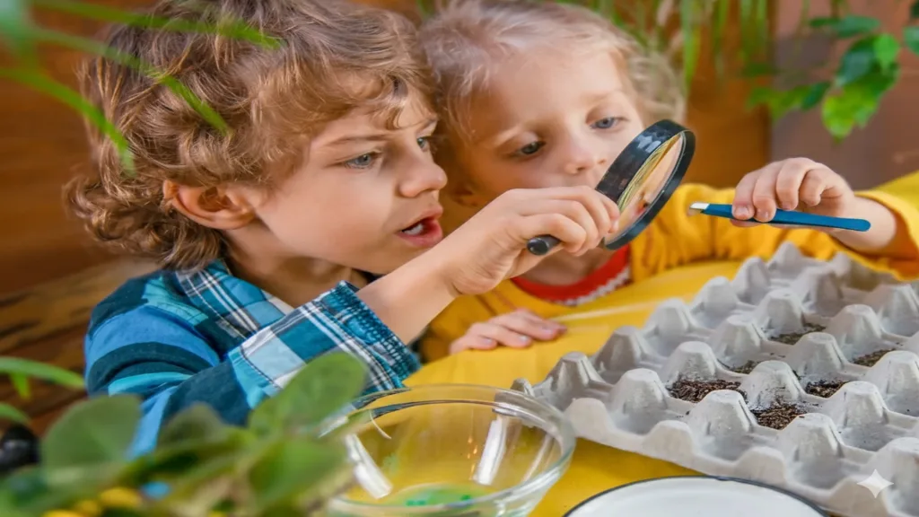 Pre K Activities science exploration with children using magnifying glasses and natural materials