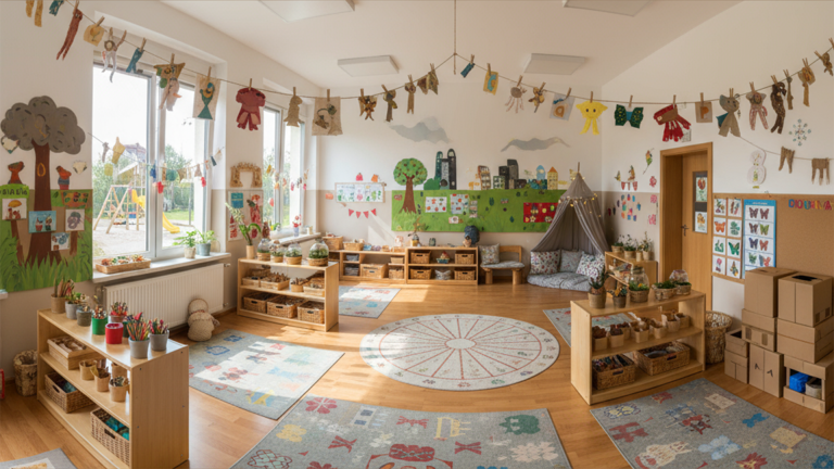 Beautiful preschool classroom decor with wooden educational toys and learning centers