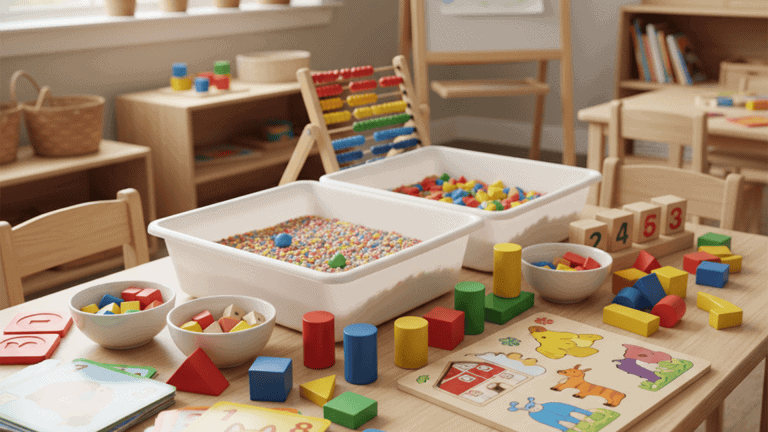 Colorful teaching aids for preschool including wooden blocks, flashcards, and counting toys arranged on classroom table