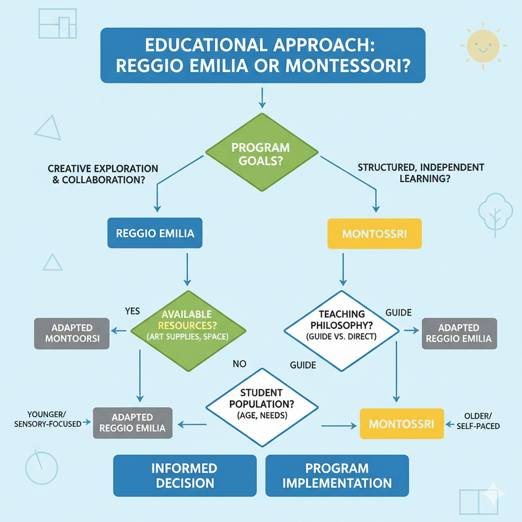 Educational decision-making flowchart for choosing between Reggio Emilia and Montessori approaches