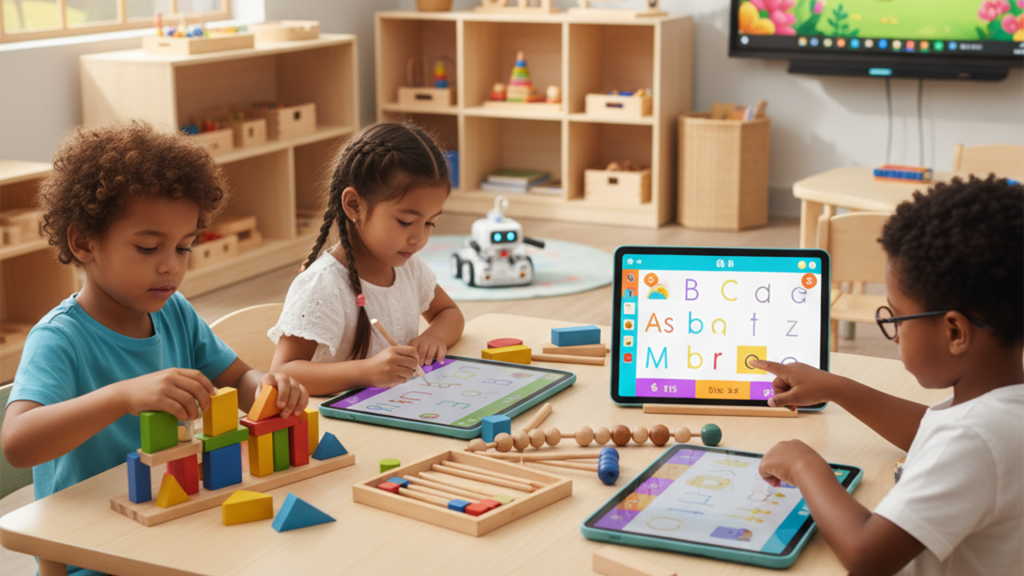 Modern teaching aids for preschool combining wooden Montessori materials with digital learning tools