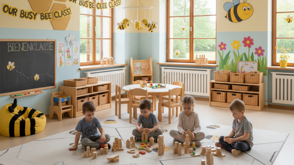 Montessori classroom with wooden educational materials