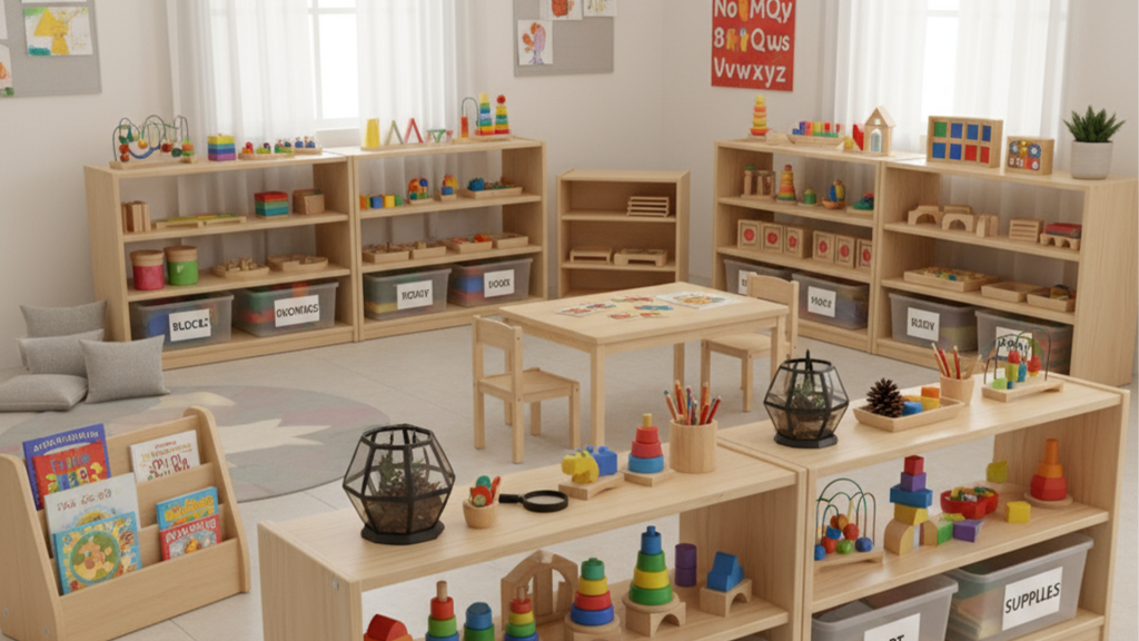 Organized preschool classroom with teaching aids displayed on accessible shelves