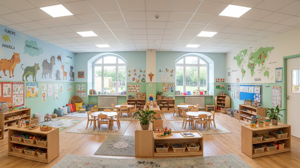 Preschool classroom wall decor featuring educational anchor charts and student work