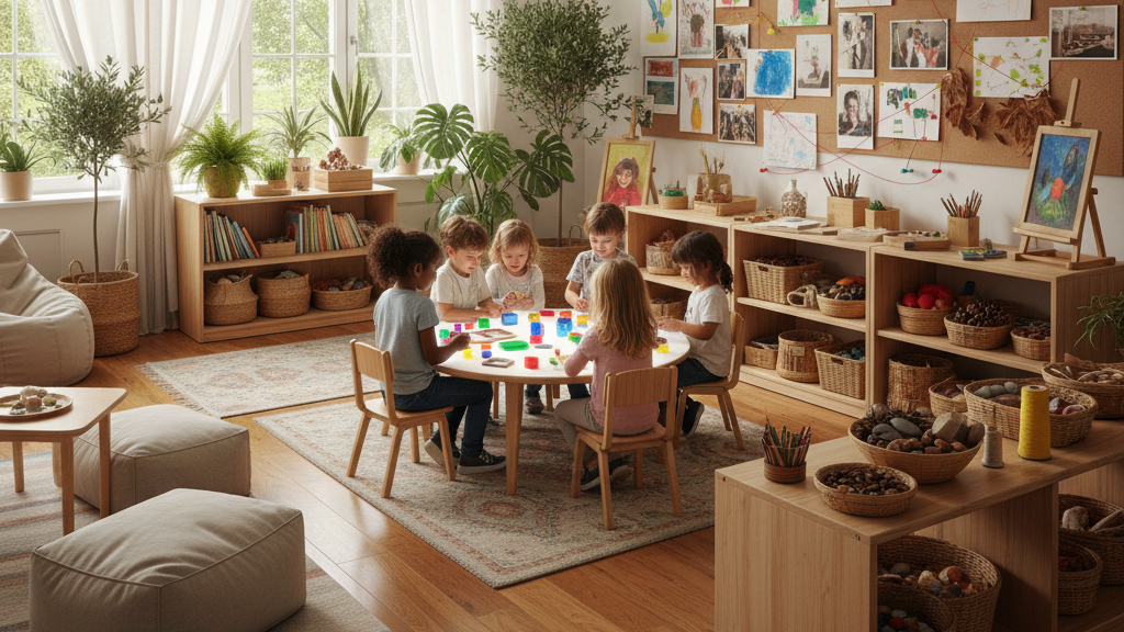 Reggio Emilia inspired classroom with natural materials, art atelier, and collaborative learning spaces