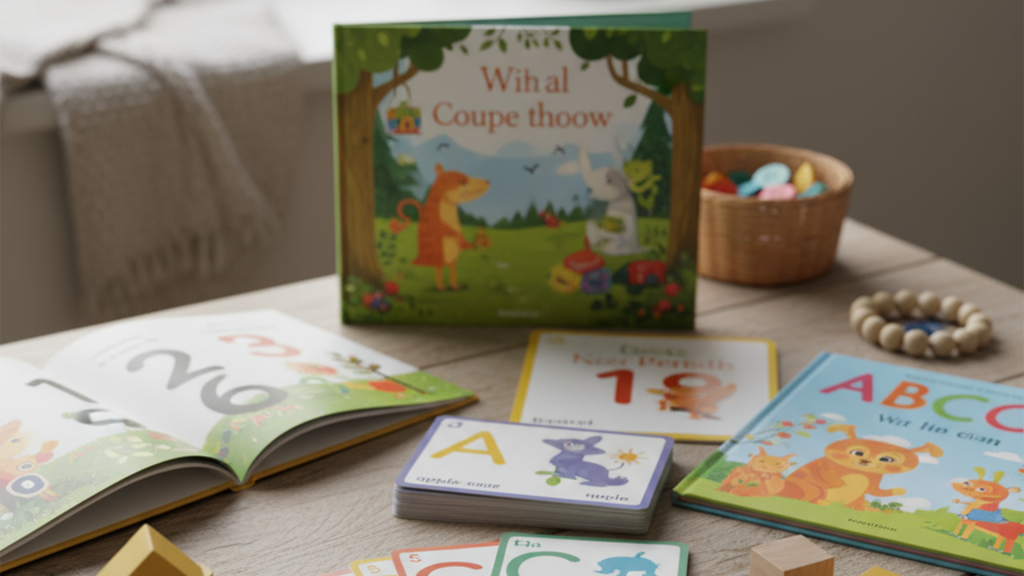 Simple teaching aids including flashcards, wooden blocks, and picture books for preschool learning