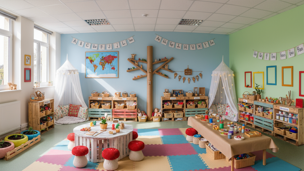 Wooden educational toys organized on shelves as preschool classroom wall decorations