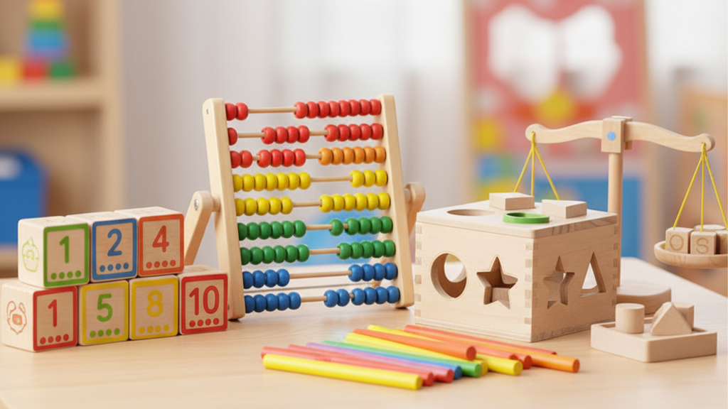 Wooden teaching aids for preschool math including counting beads, number blocks, and shape sorters