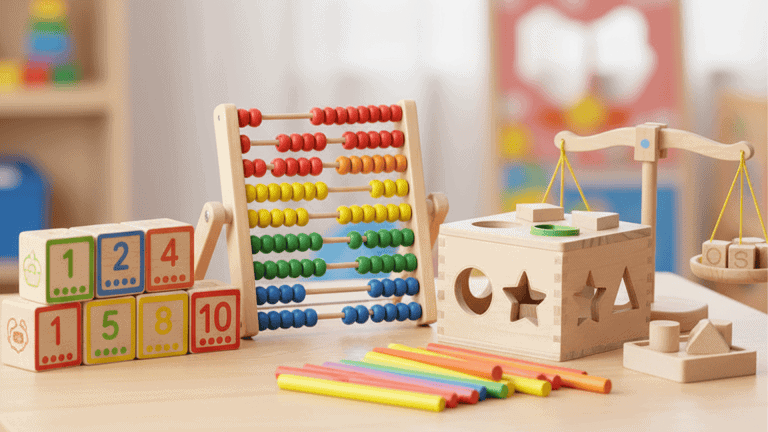 Counting Toys for Preschool: 7 Hands-On Math Activities 8 Wooden teaching aids for preschool math including counting beads, number blocks, and shape sorters