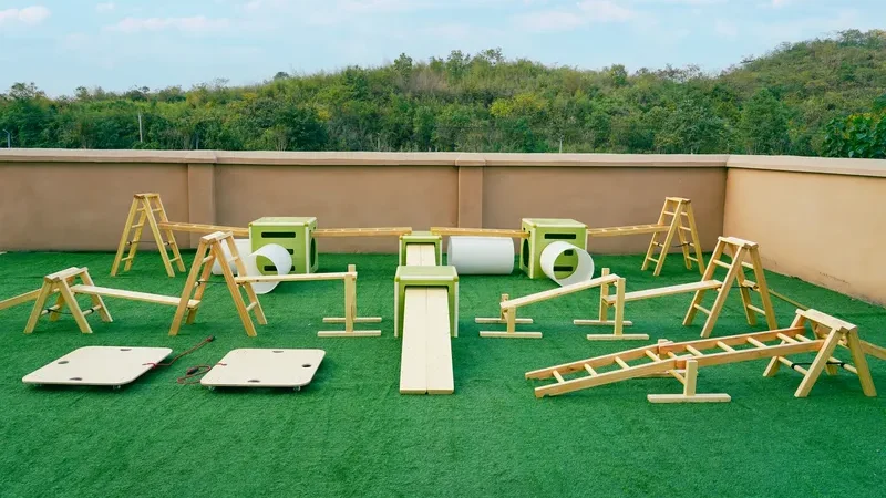 High quality wooden anji play materials set including blocks, ladders, climbing equipment for kindergarten implementation