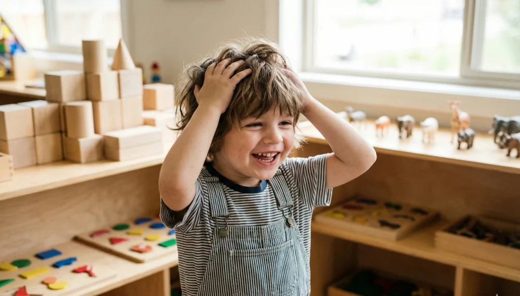 Child performing actions for preschool movement songs in classroom