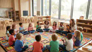 Preschool children singing preschool songs during circle time with teacher