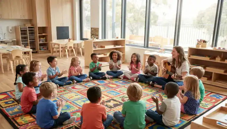 Preschool Songs for Circle Time: A Practical Guide to Music, Movement and Learning 1 Preschool children singing preschool songs during circle time with teacher