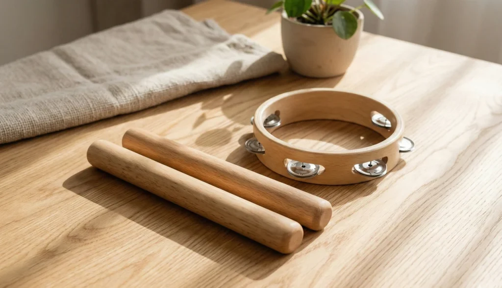 Wooden rhythm sticks and instruments for enhancing preschool songs.