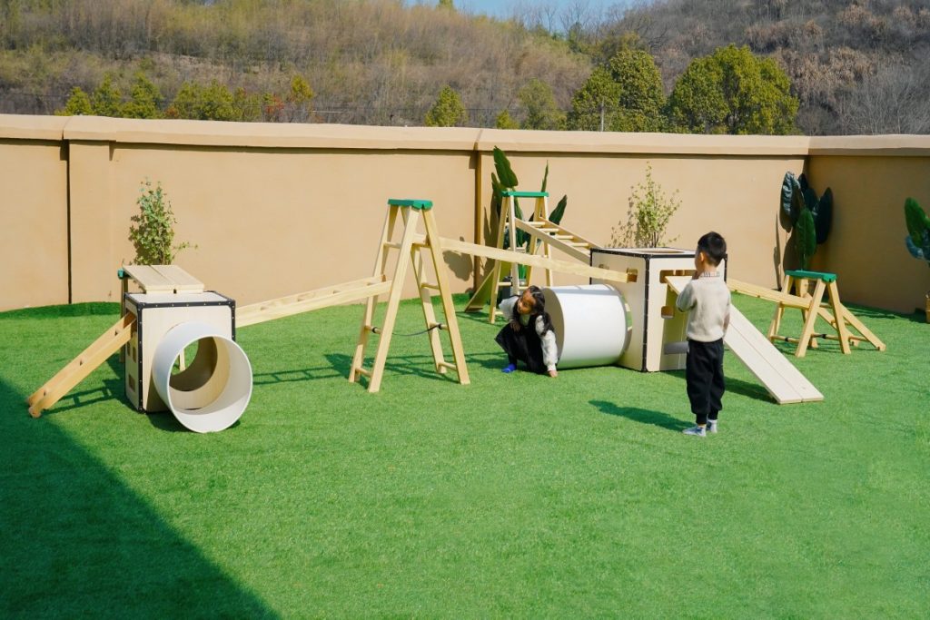 Kids Obstacle Course: 24pcs Natural Wooden Play Gym & Climbing Set