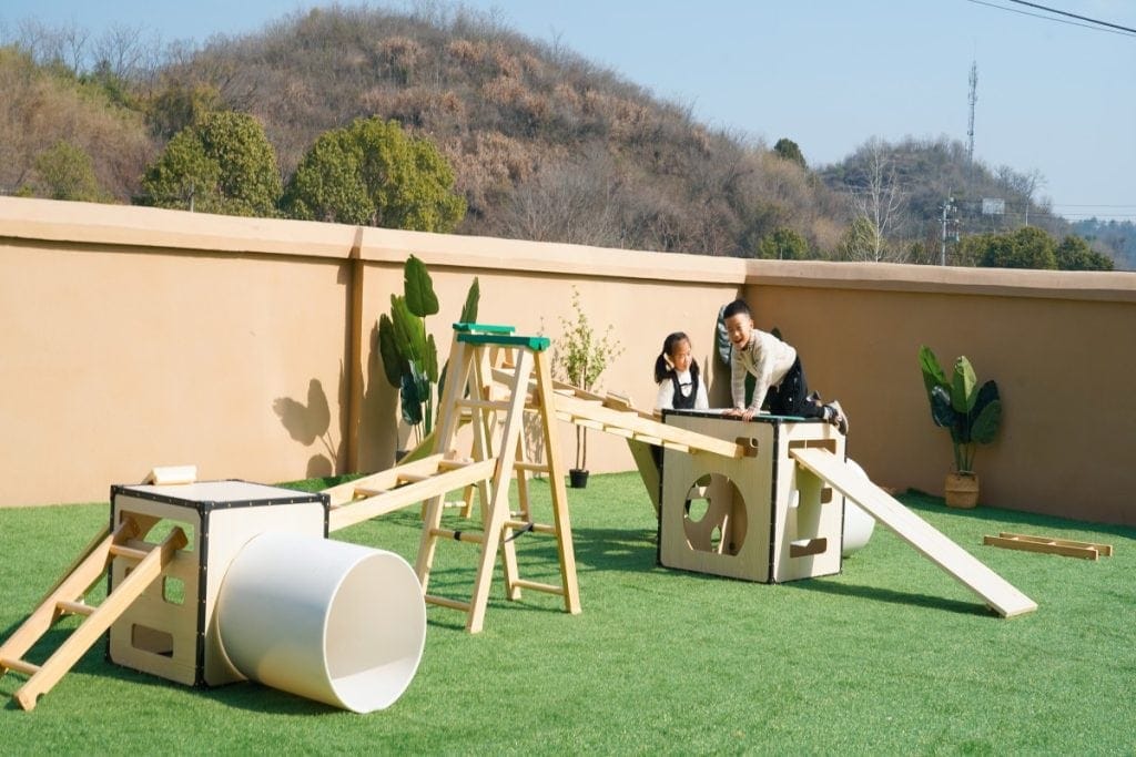 Kids Obstacle Course: 24pcs Natural Wooden Play Gym & Climbing Set