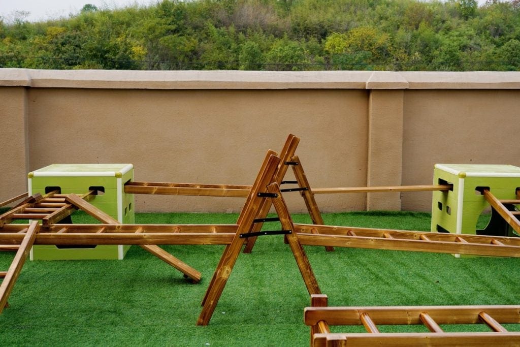 Obstacle Course Equipment: 34pcs Carbonized Outdoor Set & Bin