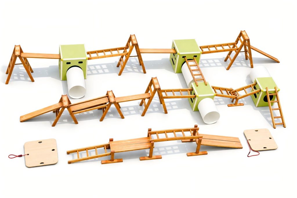 Children's Obstacle Course Equipment: 41pcs Carbonized Set & Avocado Bin