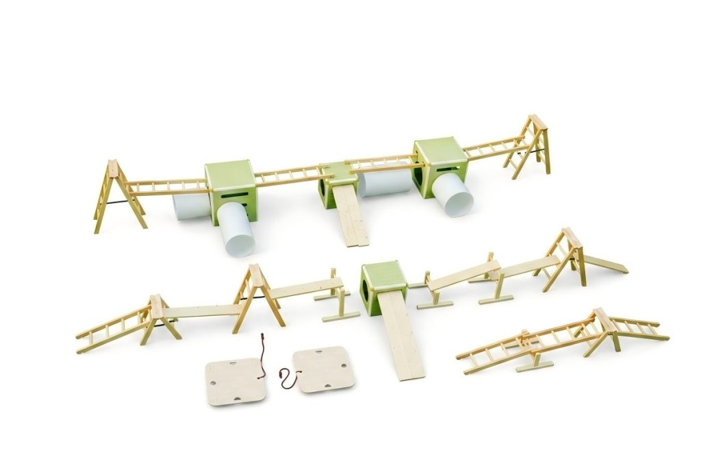 Kids Obstacle Course Set: 41pcs Natural Wood & Storage Bin