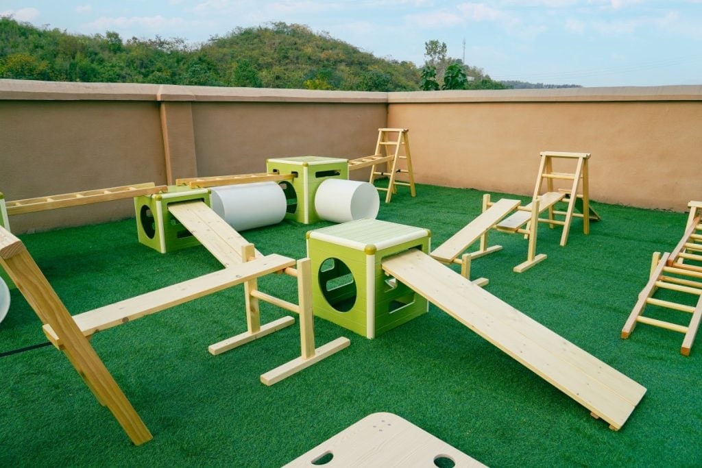 Kids Obstacle Course Set: 41pcs Natural Wood & Storage Bin