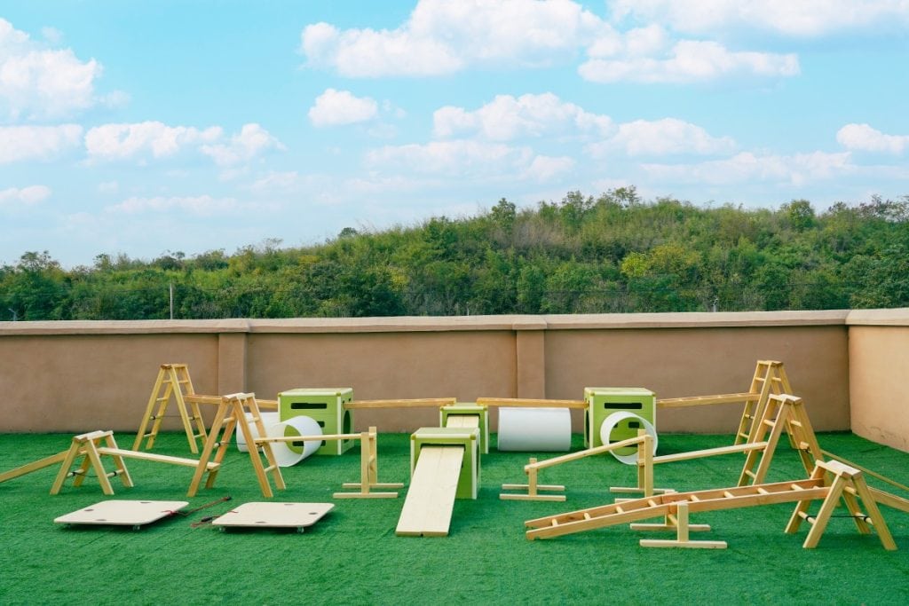 Kids Obstacle Course Set: 41pcs Natural Wood & Storage Bin