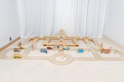 Wooden city road building set with hollow blocks vehicles traffic signs and community figures