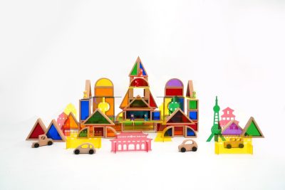 131-piece beechwood acrylic light and color city building set with vehicles and elf figures