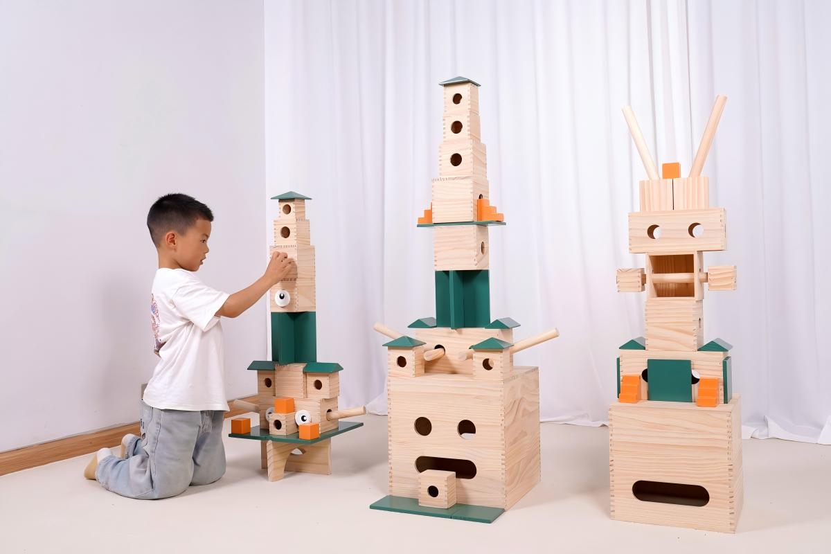 clean and organized wooden construction blocks in storage