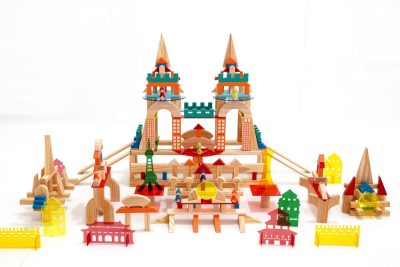 307-piece fantasy city wooden building set arranged as a castle and miniature town