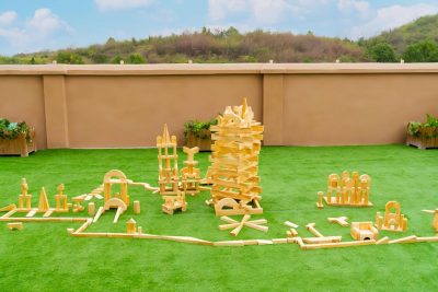 Large construction made from 348-piece New Zealand pine jumbo wooden unit blocks